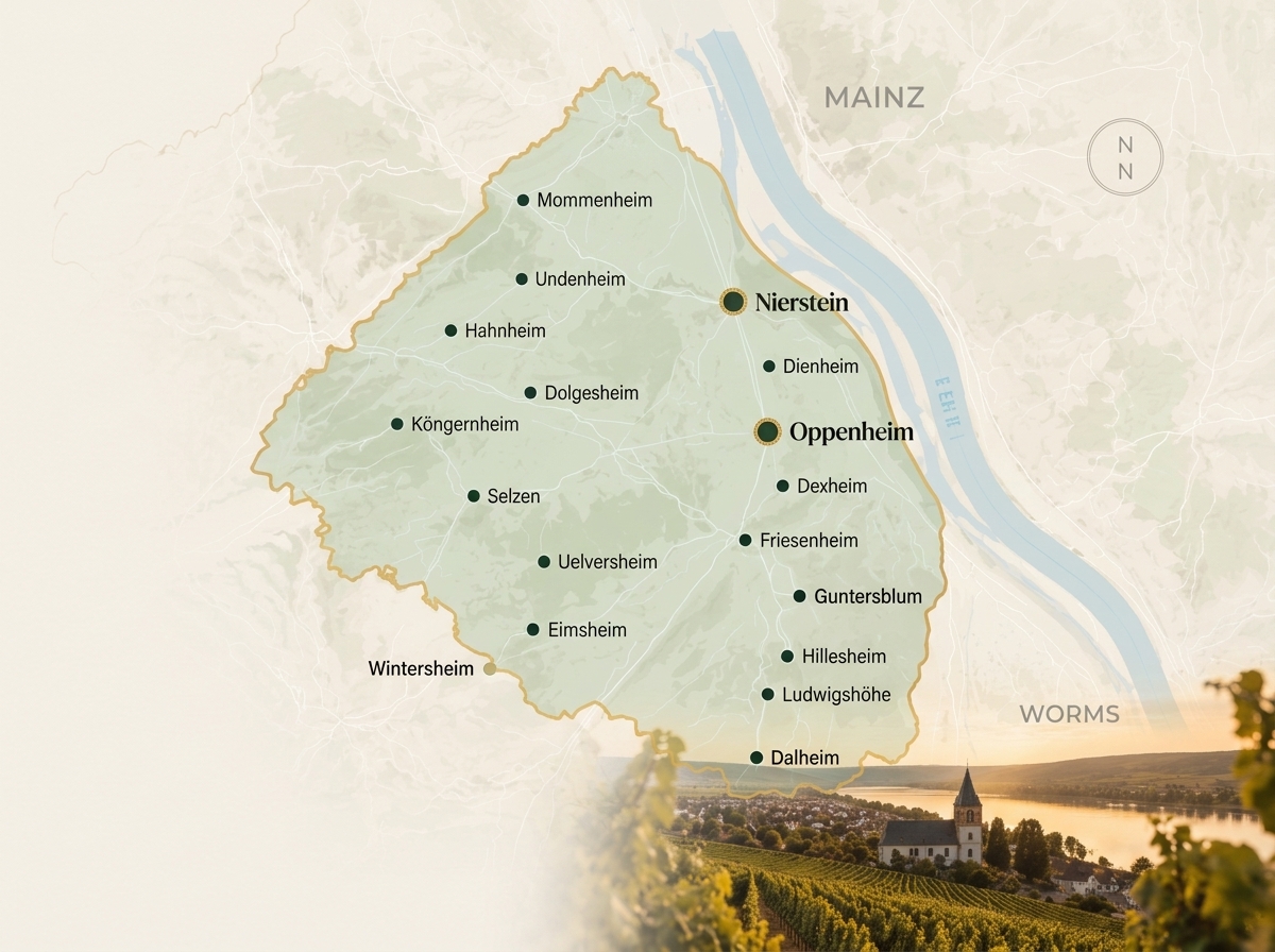 Redaktionelle Karte des Einsatzgebietes Rhein-Selz mit Nierstein, Oppenheim und den umliegenden 20 Gemeinden